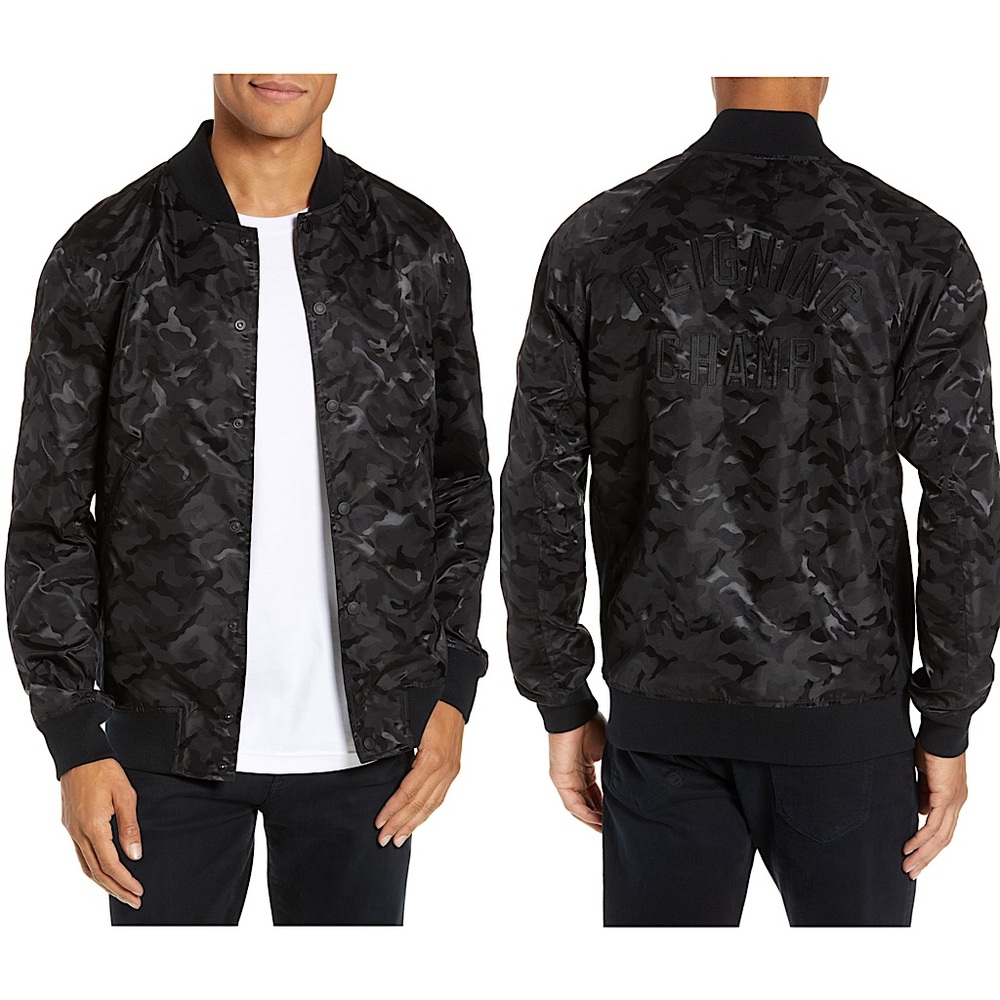 REIGNING‎ CHAMP Black Nights Camo Satin Logo Embroidered Back Stadium Jacket M